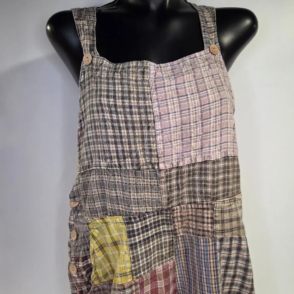 Patchwork Frankie Plaid Jumpsuit Overalls Women's Casual Pants Boho Festival M